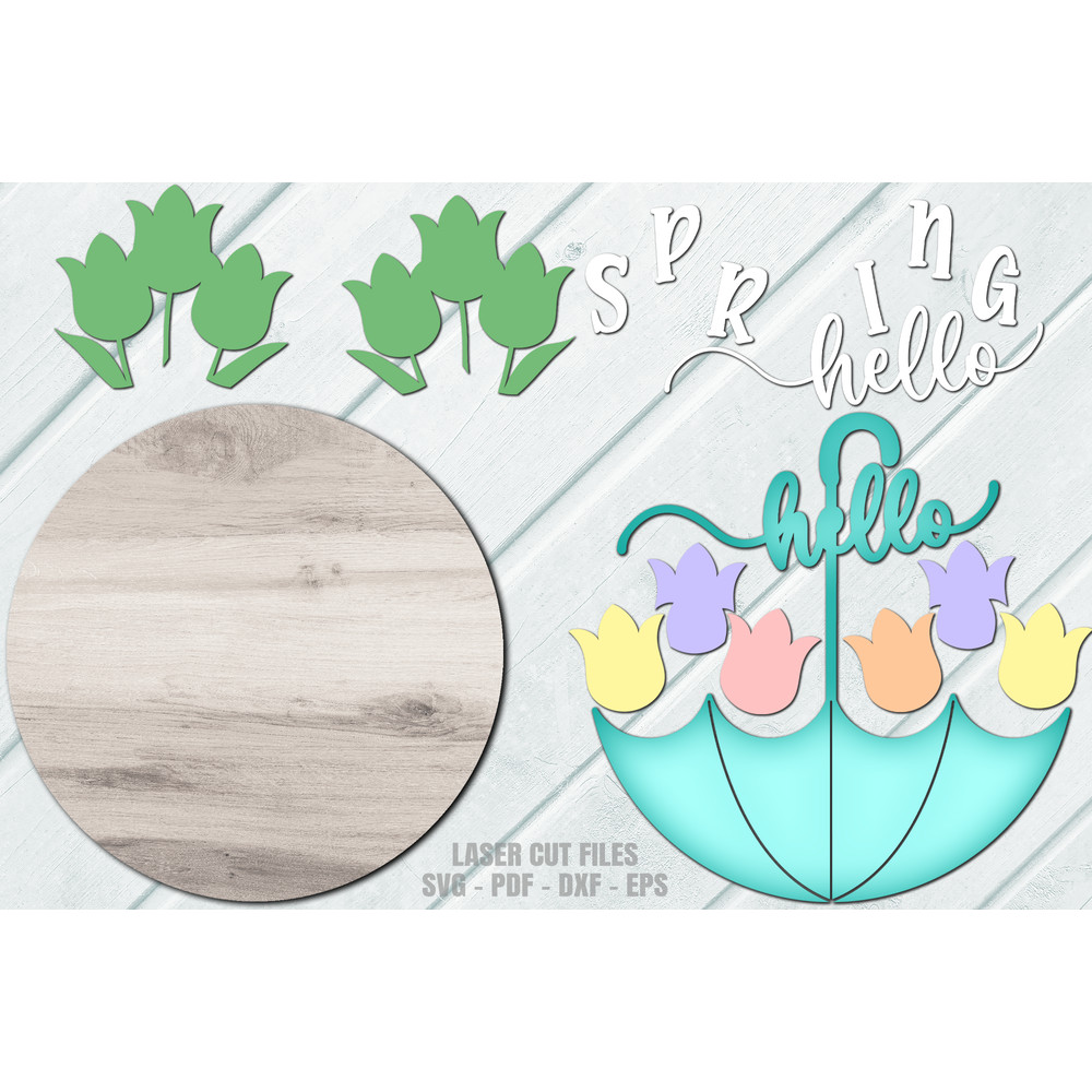 Hello Spring Door Hanger SVG Laser Cut Files Umbrella SVG Tulip SVG Spring Welcome Sign SVG Glowforge Files 4.png