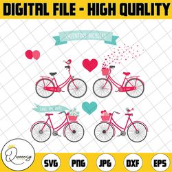 valentine's day bicycles, wedding bikes clipart, balloons, ribbon banner, save the date, commercial use, vector clip art