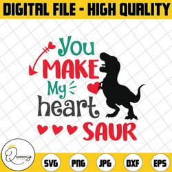 valentine's day svg, you make my heart saur svg, t-rex boy valentine svg, kids design, dino svg cut files, silhouette, c
