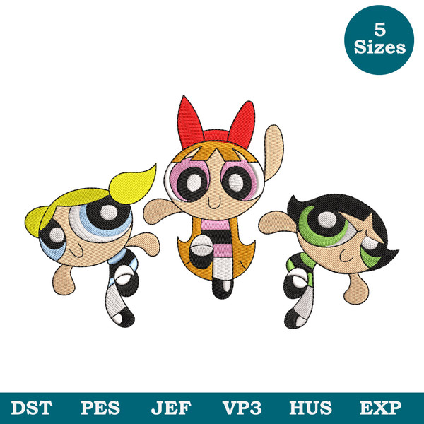 Cute Power Puff Girls Machine Embroidery Design 5  Sizes, Cartoon Embroidery, Girls Embroidery Design File Pes Jef Dst  Image 1.jpg