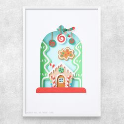 Gingerbread House art, Holiday Season poster, Printable art, Paper art, Wall art, Digital file, Instant download, A3