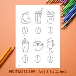 Coffee Time Coloring Page - Printable PDF, Coffee Cups paper art