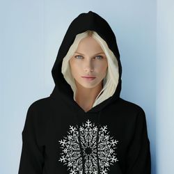 Black cotton hoodie Print "Mandala" Women's clothing Warm wear gym hoodie Adult wear outfit
