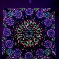 Mandala Art Black light Poster "Baba Nam Kevalam" Uv reaction Fluorescent decor Trippy tapestry Yoga art Spiritual art