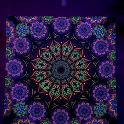 mandala art blacklight poster "baba nam kevalam" uv reaction fluorescent decor trippy tapestry yoga art spiritual art