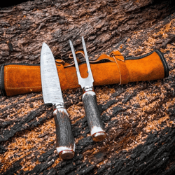 Two Piece Carver Set Featuring Damascus Steel and Stag Antler Handles - BladeMaster