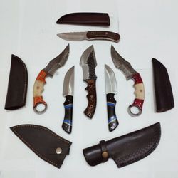 6 Handcrafted Damascus Steel Skinner Hunting Knives (8-inch) with Sheaths - BladeMaster's Exclusive