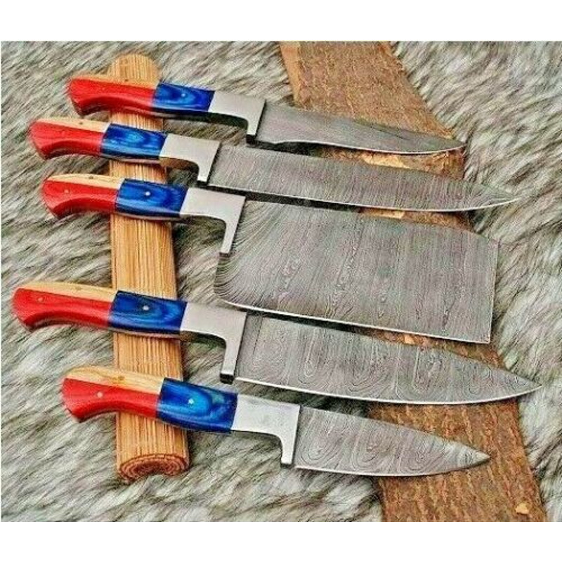 UniqueHandmadeDamascusBBQ5PcsChefsSet APerfectChristmasGiftforDad 4jpg