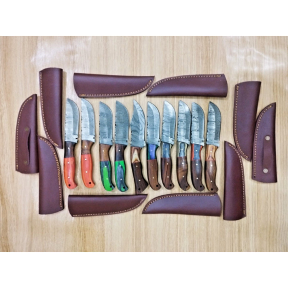 BulkSet10HandmadeDamascusSteelHuntingSkinnerKniveswithSheathBMCollection 2png