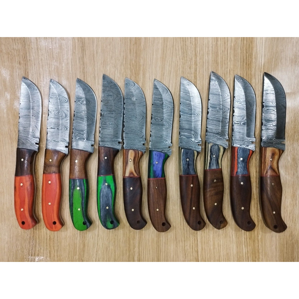 BulkSet10HandmadeDamascusSteelHuntingSkinnerKniveswithSheathBMCollection 3png