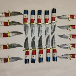 lot of 20 handmade 6" damascus steel skinner knives with taxes flag handle