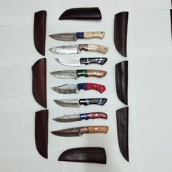 elite eight: handmade 8-inch damascus steel skinner hunting knives with leather sheath