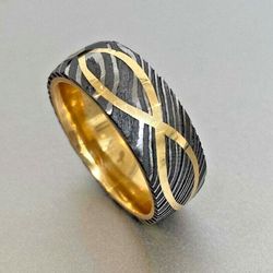 Bold Fusion: Men's Black Damascus Steel Ring with Brass Sleeve - Wedding & Engagement Elegance