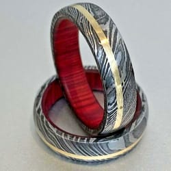 elegance unveiled: men's & women's damascus steel wedding band with wood case
