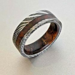 Damascus Steel Wedding Ring Set with Wood Case - Men's & Women's Bands for Wedding and Engagement