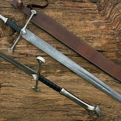 Handmade Damascus Steel Anduril Sword with Wall Mount - Narsil King Aragorn Replica, Battle Ready - Best Gifts for Men,