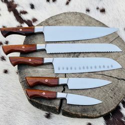 Premium Custom Handmade Stainless Steel 5-Piece Kitchen Knives Set with Chef, BBQ, and Butcher Knives - Rosewood Handle