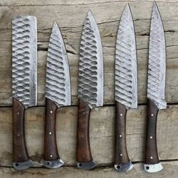 Hand Forged Damascus Chef's Knife Set of 5 - BBQ & Kitchen Knife Gift for Her - Valentines Gift - Camping Knife for Him