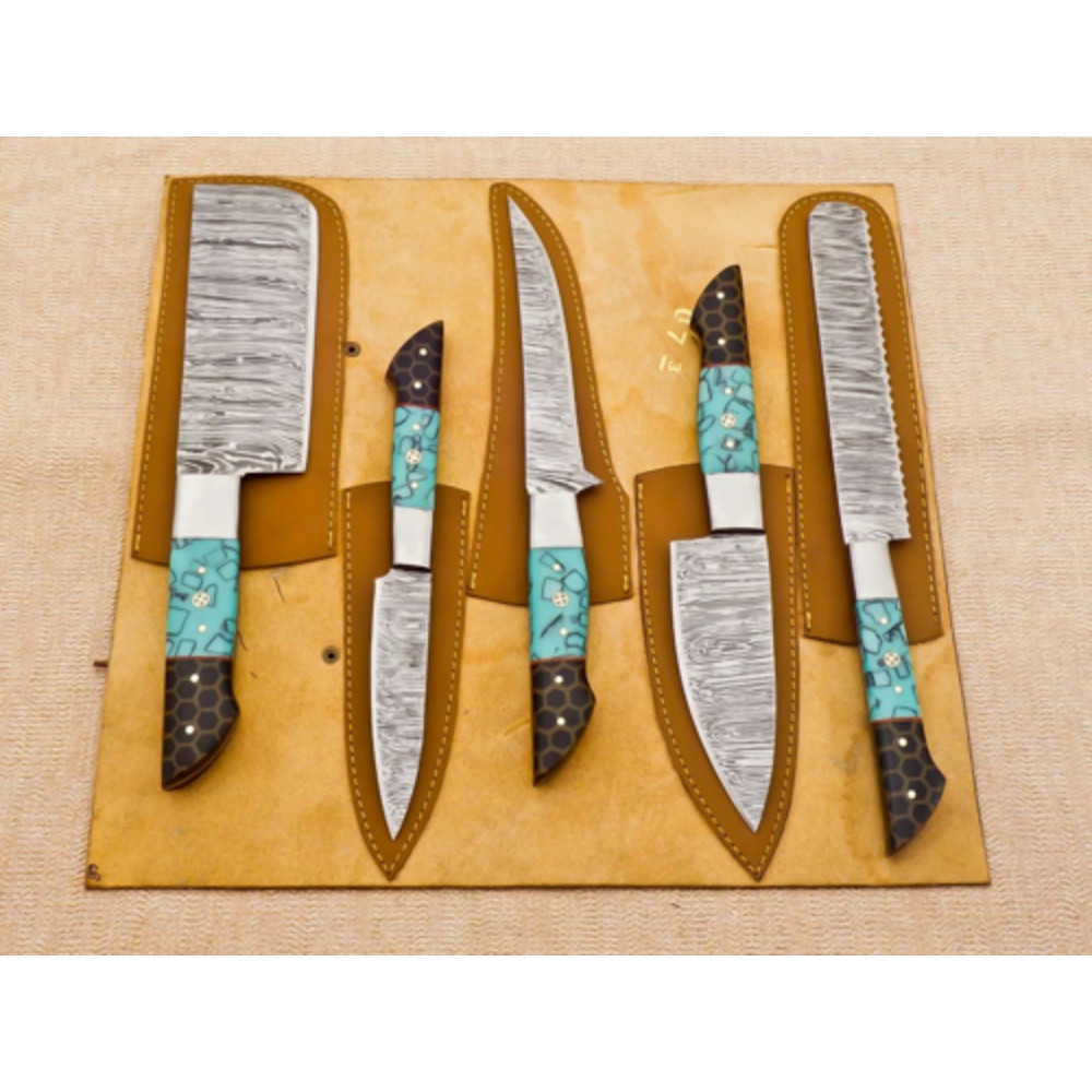 5PieceCustomDamascusSteelChefKnifeSetUnleashCulinaryPrecision 4png