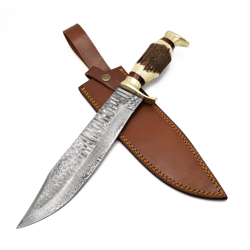 Custom Handmade Damascus Hunting Bowie Knife with Wood Handle
