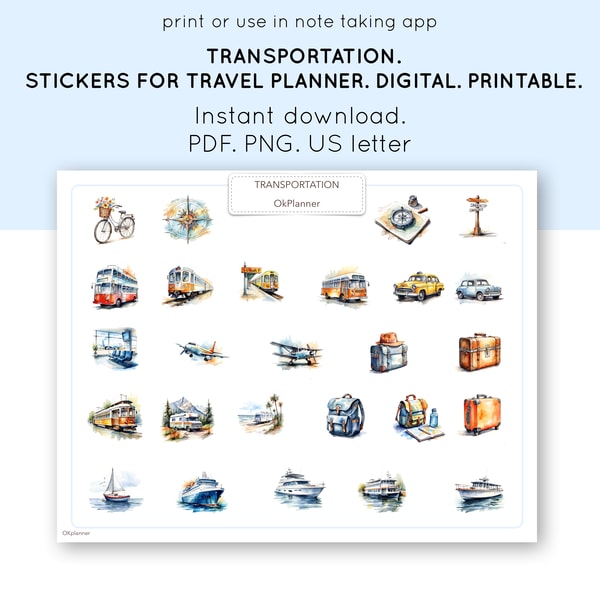 Transportation stickers for Digital Planner, Bullet Journal, | Inspire ...