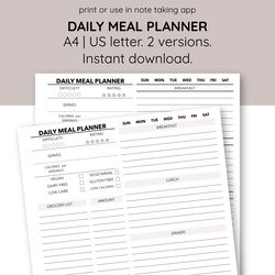 Daily meal planner Grocery list Food allergy diary Daily menu. Menu planner sheet. Nutrition journal. Weight loss menu