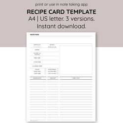 Customizable recipe card templates. Printable recipe cards. Diet meal planner card. Nutrition recipe cards. Family meal