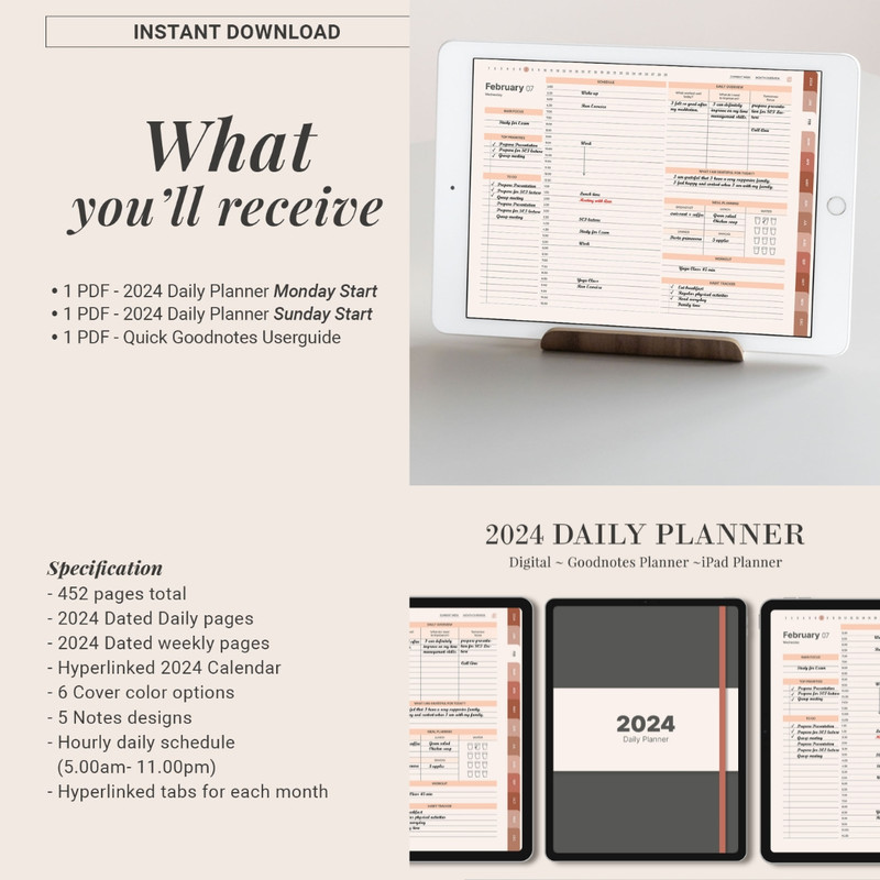 DIGITAL 2024 planner, Daily monthly weekly planner, Work student teacher hourly schedule, Monday Sunday Start, iPad (4).jpg