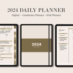 DIGITAL 2024 planner, Minimalist Daily monthly weekly planner, Work student teacher hourly schedule, iPad Goodnotes