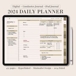 digital 2024 daily planner, minimalist goodnotes planner, work student teacher monthly weekly hourly schedule, ipad