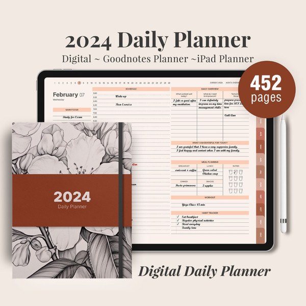 DIGITAL 2024 planner, Daily monthly weekly planner, Work student teacher hourly schedule, Monday Sunday Start, iPad (1).jpg
