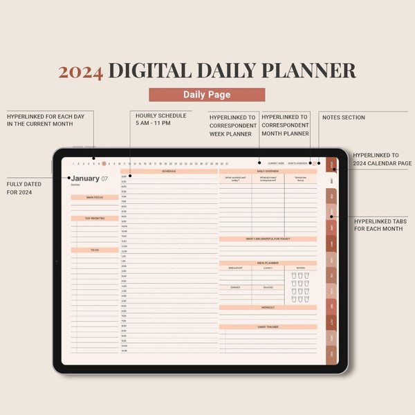 DIGITAL 2024 planner, Daily monthly weekly planner, Work student teacher hourly schedule, Monday Sunday Start, iPad (6).jpg