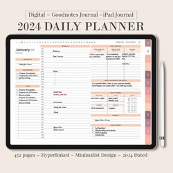 DIGITAL 2024 Daily planner, Minimalist Goodnotes planner, Work student teacher monthly weekly hourly schedule, iPad