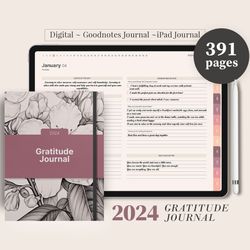 gratitude journal, 2024 digital dated reflection gratitude planner, 366 daily pages, 5 minute journal, ipad goodnotes