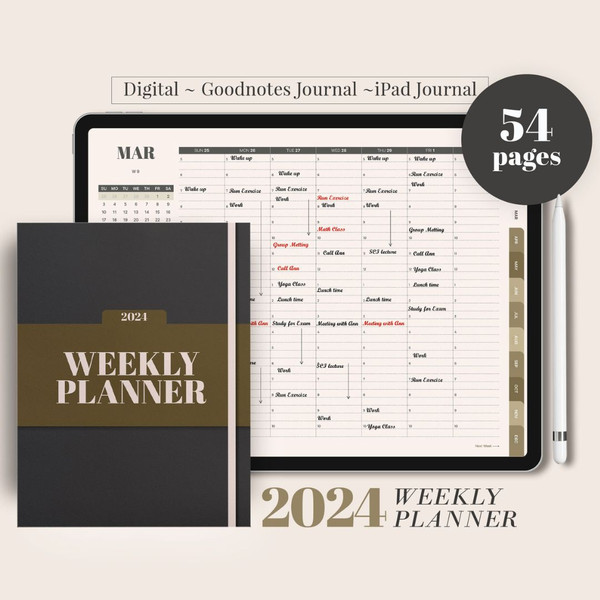 2024 Dated Weekly Planner, DIGITAL Minimalist agenda schedule, Goodnotes ipad Planner, Hourly plan, Student teacher work (1).jpg