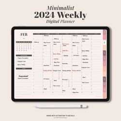2024 DIGITAL Weekly Planner, Minimalist agenda schedule, Goodnotes Dated ipad Planner, Hourly plan, Student teacher work