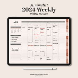 2024 DIGITAL Weekly Planner, Minimalist agenda schedule, Hourly plan, Student teacher work, Goodnotes Dated ipad Planner