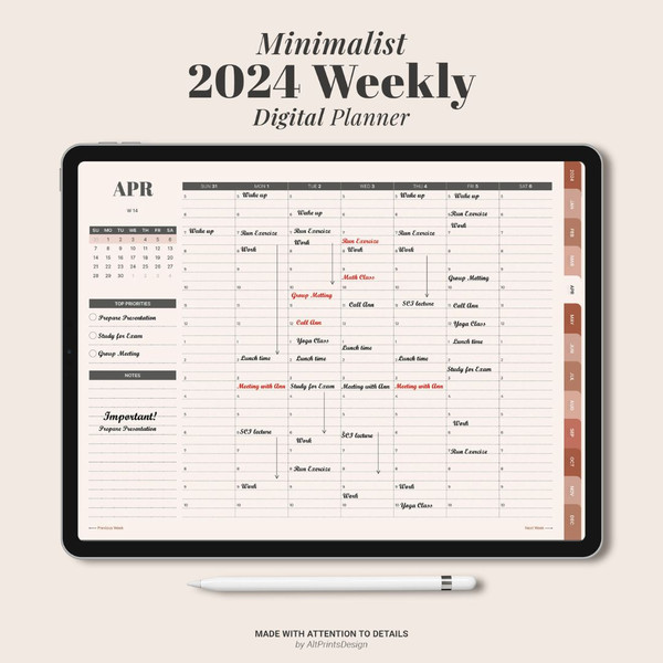2024 DIGITAL Weekly Planner, Minimalist agenda schedule, Goodnotes Dated ipad Planner, Hourly plan, Student teacher work (2).jpg