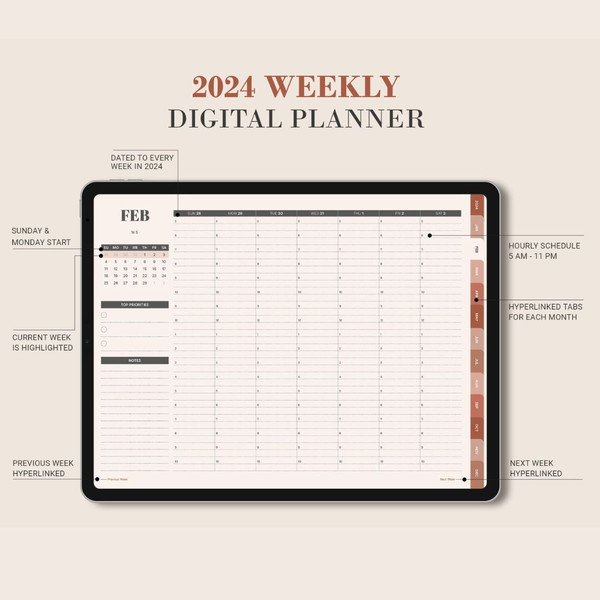 2024 DIGITAL Weekly Planner, Minimalist agenda schedule, Goodnotes Dated ipad Planner, Hourly plan, Student teacher work (4).jpg