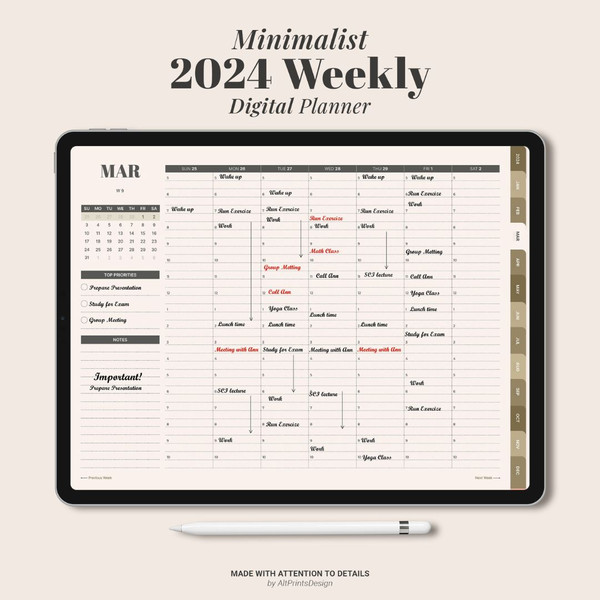 2024 Dated Weekly Planner, DIGITAL Minimalist agenda schedule, Goodnotes ipad Planner, Hourly plan, Student teacher work (2).jpg