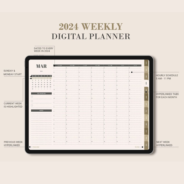 2024 Dated Weekly Planner, DIGITAL Minimalist agenda schedule, Goodnotes ipad Planner, Hourly plan, Student teacher work (4).jpg