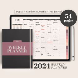 2024 DIGITAL Weekly Planner, Minimalist Dated agenda schedule, Goodnotes ipad Planner, Hourly plan, Student teacher work
