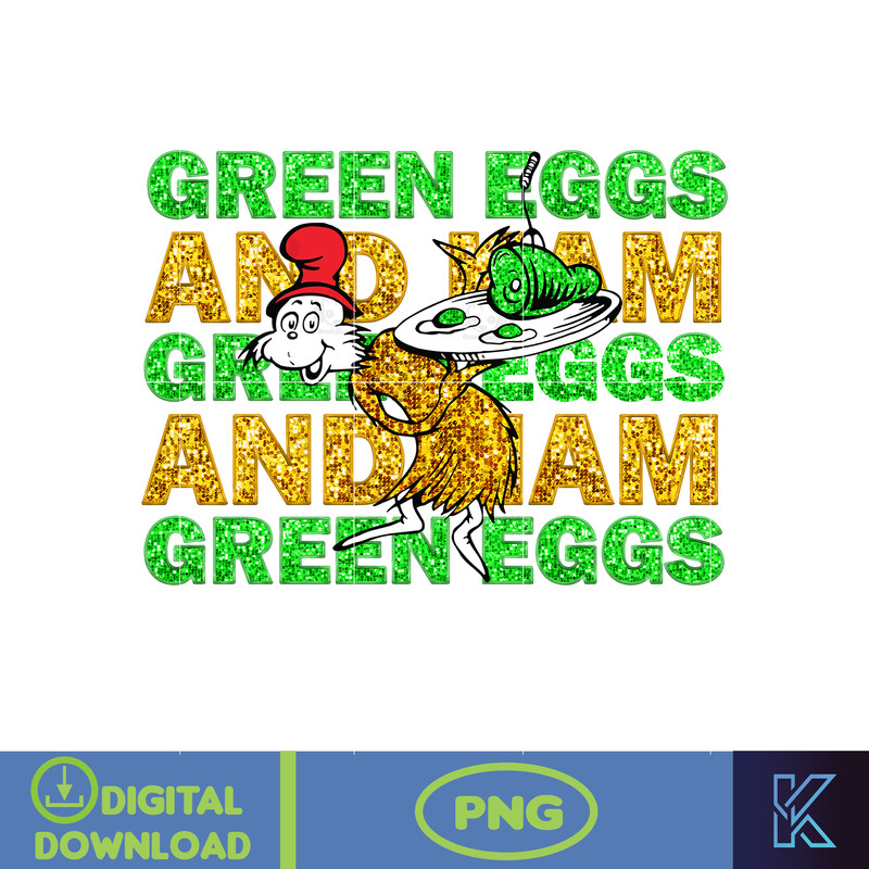 Glitter Green Egg And Ham Png, Read Across America Png, School Teacher Png, Retro Thing 1 Thing 2 Png, Glitter Faux Embroidery Png File.jpg