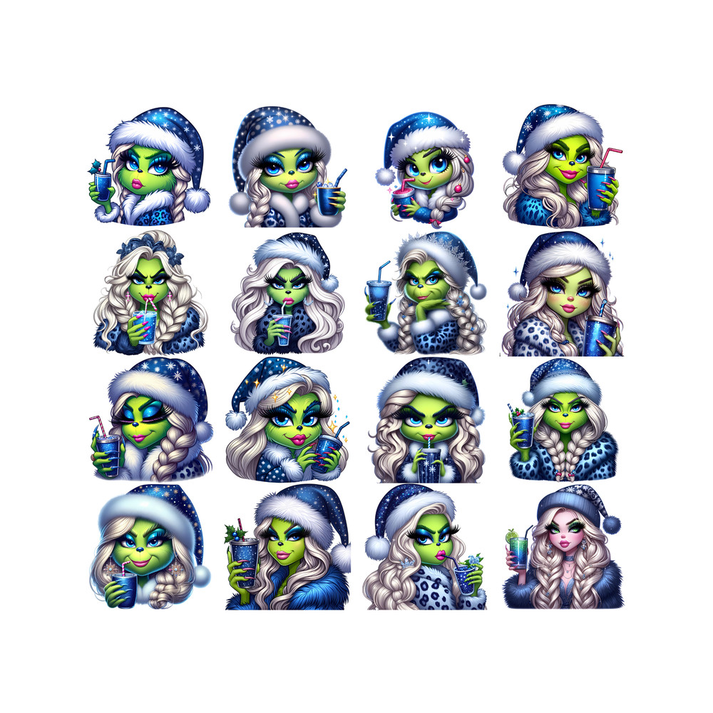 Blue Christmas Green Mean Girl, Cowoy Grinch Bundle, Cheetah, Starbuk Coffee Cup, PNG, Instant Download.jpg