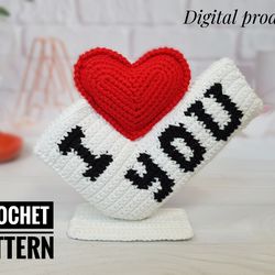 Valentine crochet pattern I love you, Valentines day decor, red heart amigurumi crochet pattern, Wedding souvenir