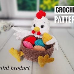 Crochet pattern amigurumi Easter hen basket with eggs, Easter decor Country chicken, crochet toy pattern