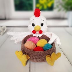 Easter hen basket with eggs, Easter decor Country chicken, plush toy for Easter