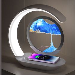 quicksand table lamp wireless charging desk lamp, 3d hourglass sand painting ornaments night light for office room decor