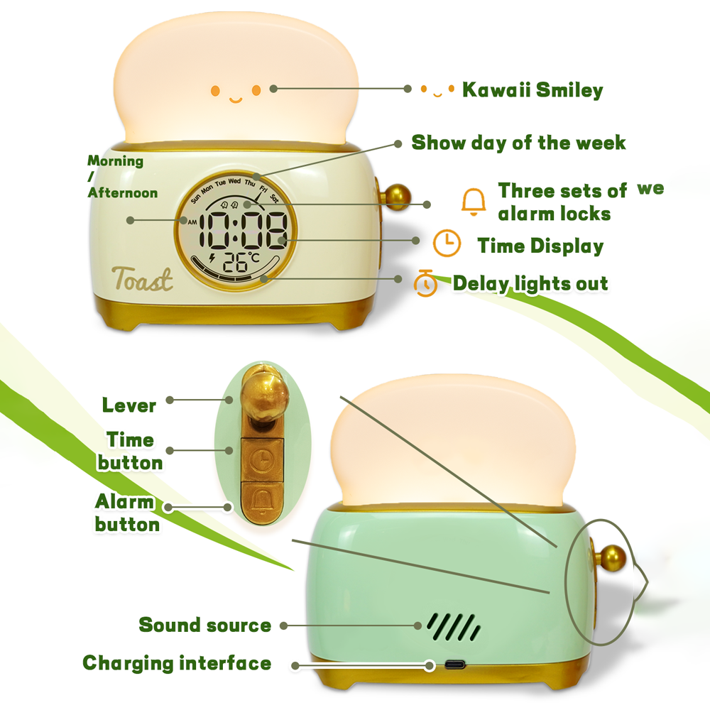 Kid Alarm Clock LED Night Light Digital Cute Bedside Clock Childrens Sleep Trainer Temperature Disp 2