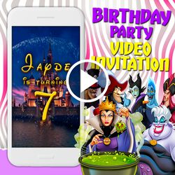 Disney villains video invitation, birthday party animated invite, Halloween mobile digital video, e invitation